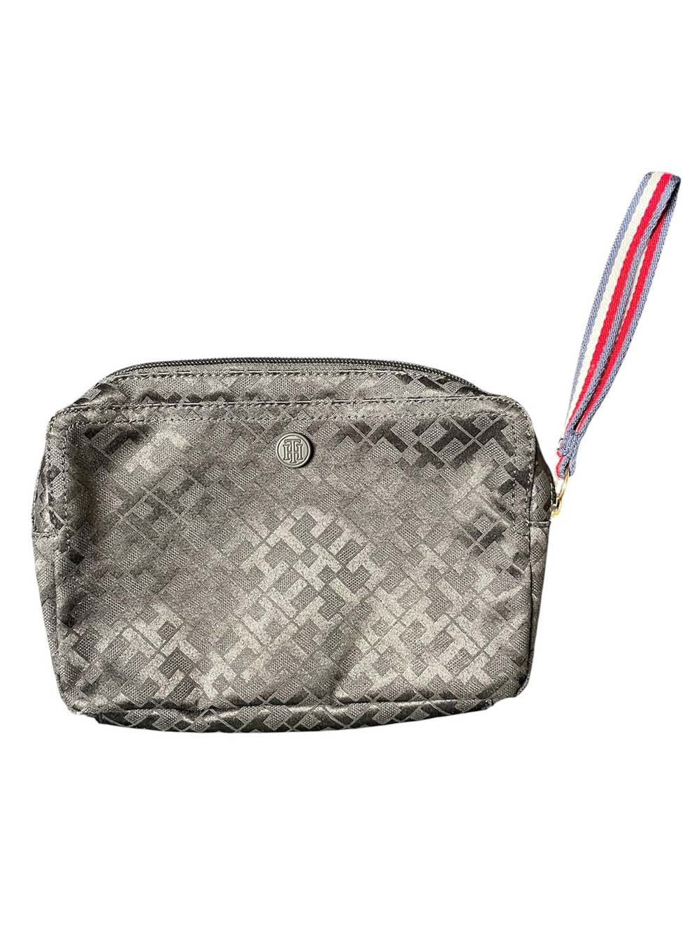 Tommy Hilfiger Metallic Silver Toiletry Pouch with Striped Wristlet